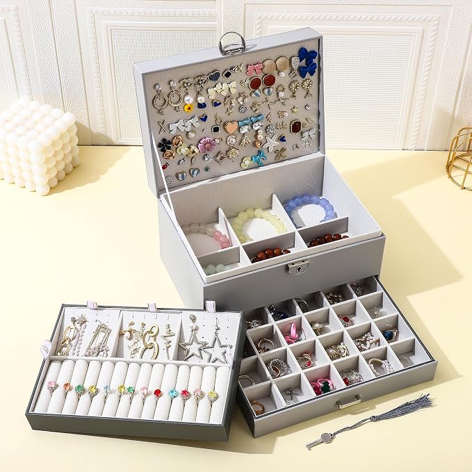 BOOVO Earring Jewelry Box For Women Girl Stud Organizer, 5 Layers Girl Jewelry Organizer Box With Lock Earring Holder Organizer Necklace Ring Jewelry Organizer Box For Girls (grey) - Image 4