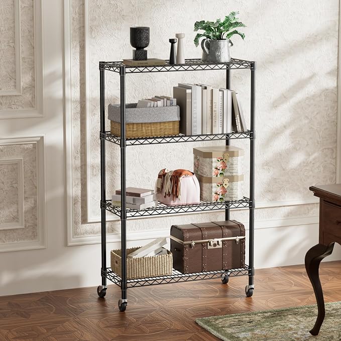 SINGAYE 4 Shelf Storage Wire Shelves Closet Bathroom Organizers Metal Pantry Kitchen Garage Shelving Unit Laundry Room Organization Home Narrow Rack Net Basket with Wheels Black - Image 5
