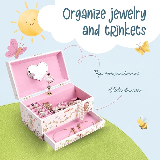 The Memory Building Co Black Ballerina Musical Jewelry Box Plays Classic Melody, Storage Organizer Music Box for Kids Ages 6-12 MDF Wood w/ 2 Fabric Lined Ring Bracelet Necklace Treasure Compartments - Image 4