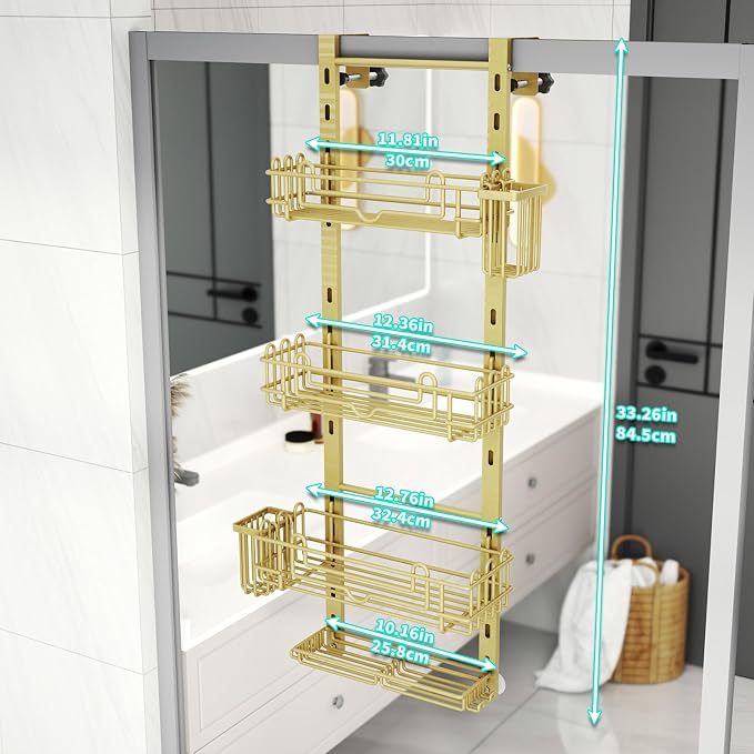 HapiRm Hanging Shower Caddy Organizer - Shower Shelf with 22 Hooks and 2 Toothbrush Holders, No Drilling Adjustable Hanging Bathroom Organizer - Gold - Image 6