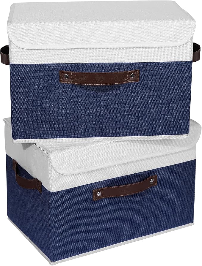 ANMINY 2PCS Storage Boxes with Lid Washable Decorative Storage Bin Basket with PU Leather Handle Foldable Linen Fabric Storage Cube Container for Home Closet Organizer - Deep Blue White, Large Size - Image 2