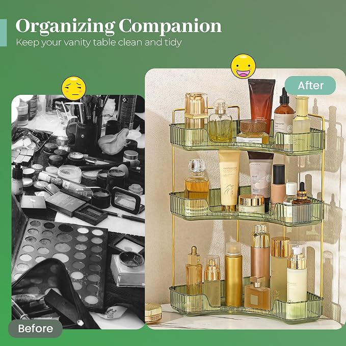Aveniee Corner Bathroom Counter Organizer, 3 Tier Makeup Perfume Storage for Vanity, Countertop SkinCare Stand Shelf Holder for Women (Green) - Image 5