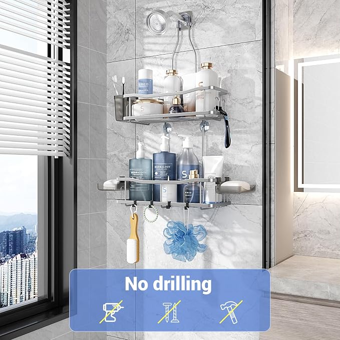 Aitatty Hanging Shower Caddy Bathroom Organizer: Rustproof Shower Shelf Racks Over Shower Head - No Drilling Inside Bath Shower Rack Shelves Over Showerhead for Shampoo with Soap Holder Silver - Image 2