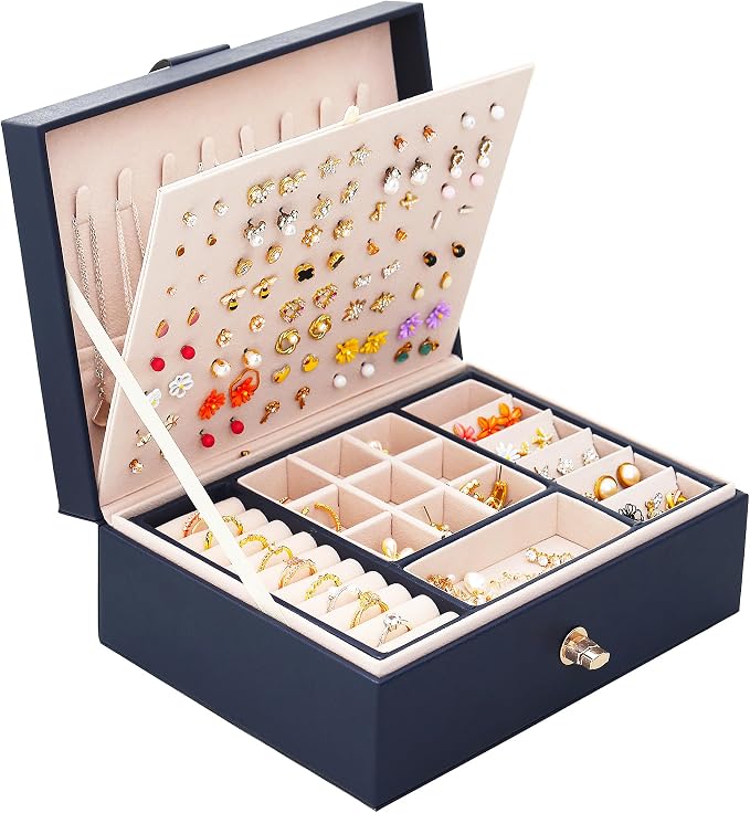 QBestry Womens Earring Jewelry Box for Girls Jewelry Earrings Organizer Box Earring Holder Organizer for Girls Jewelry Organizer Boxes for Women Girls Stud Earrings Organizers Jewelry Box Navy by QBestry