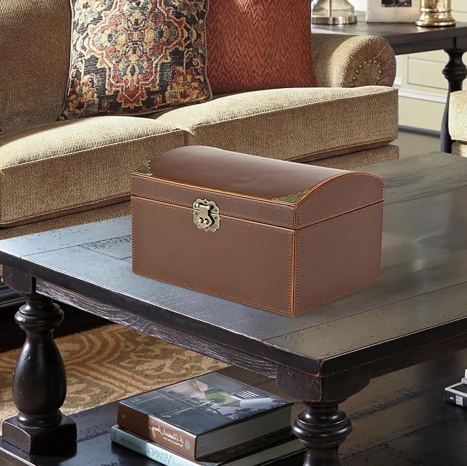 HofferRuffer Faux Leather Decorative Box, Large Wooden Structure Keepsake Box Accessory Organizer Jewelry Organizer with Hinged Lid, Storage Container for Home or Office (Antique Brown) - Image 6