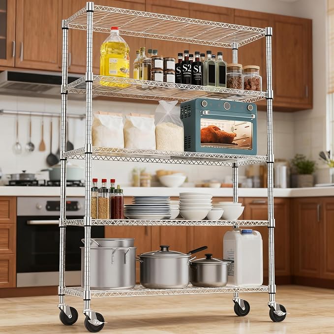 M MZG 1750LBS 47.2" W 5 Tiers Storage Shelves Metal Shelving Unit with Wheels Heavy Duty Garage Shelving Adjustable Wire Shelves for Pantry,Kitchen,Garage,Basement,Chrome 17.7" D x 47.2" W x 76.8" H - Image 6