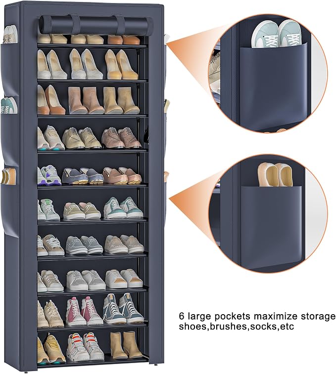 OYREL Shoes Rack 10 Tier Tall Shoe Rack with Storage Pockets, Fabric Covered Shoe Racks,Metal Shoes Rack Organizer for Closets,Bedroom, Garage - Image 5