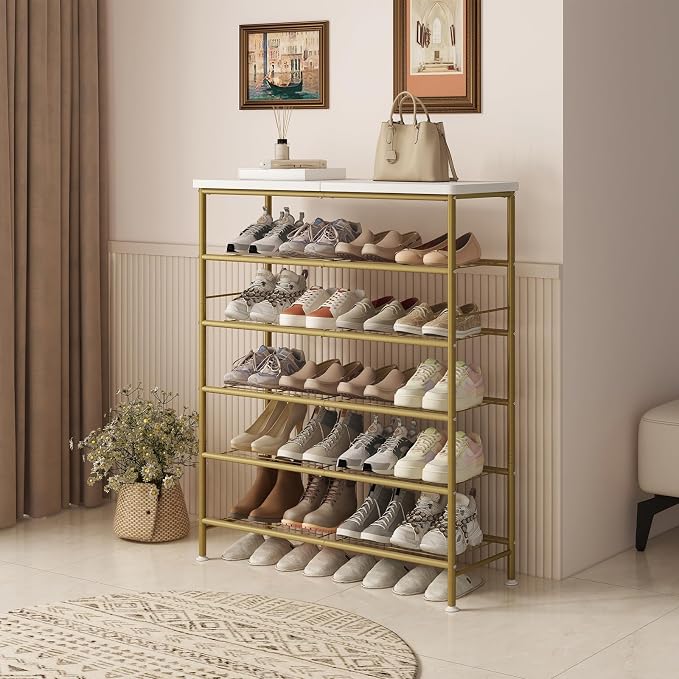 SUOERNUO Shoe Rack Organizer 6 Tier for Closet Entryway Free Standing Metal Storage Shoe Shelf with MDF Top Board，Gold - Image 2