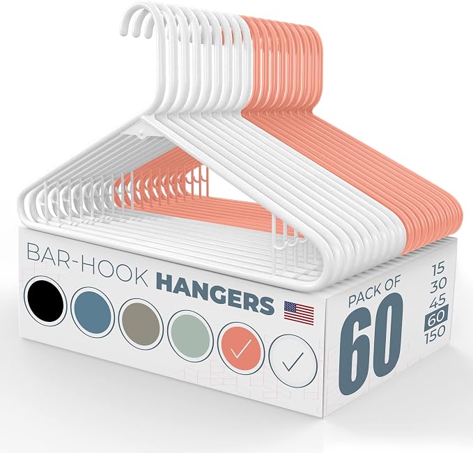 Neaties Plastic Hangers 50 Pack (60 Count) – Made in The USA – 6lb Capacity Standard Clothes Hangers with Strap Hooks for Dresses, Lingerie, Shirts, Pants, and Jackets – White & Peach by NeatiesHangers