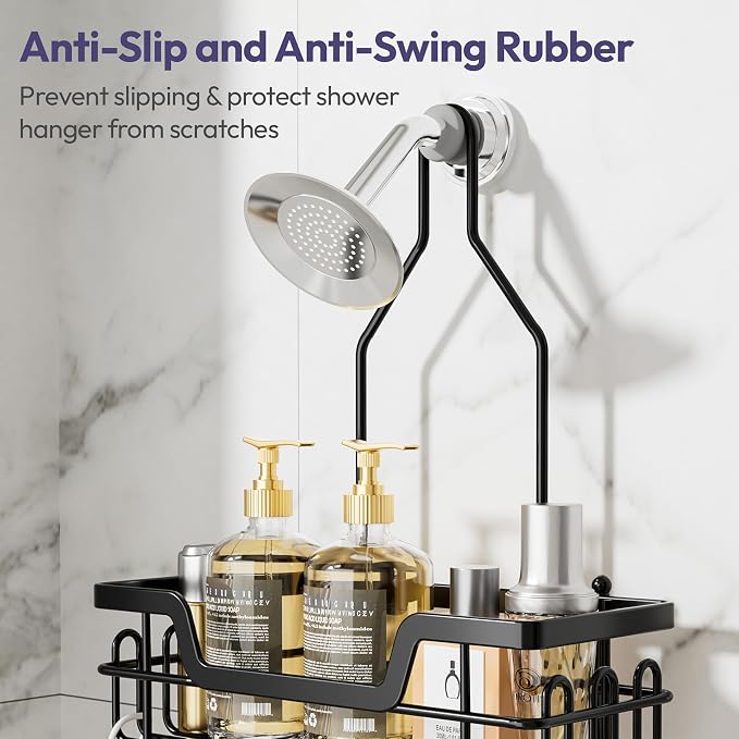 SWTYMIKI Bathroom Shower Caddy Hanging - 3 Tier Rustproof Over Shower Head Organizer, No Drilling Bathroom Shelf with 16 Hooks & Soap Holder, Anti-Swing Rack for Shampoo,Sponge,Towel, Black, Large - Image 4