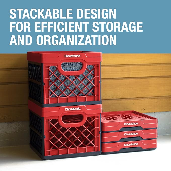 CleverMade Collapsible Milk Crate 25L (6.6 Gal), 50 lb Capacity Heavy Duty Folding Crate – Stackable Storage Crates with File Rails, Plastic Collapsible Crates - Red - Image 5
