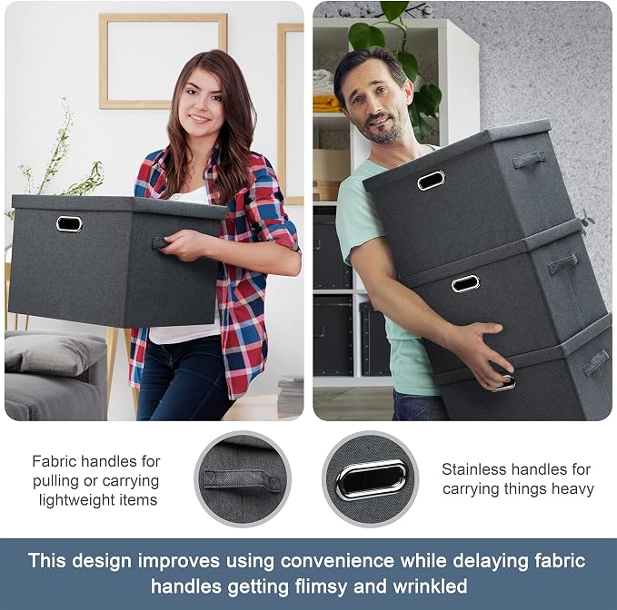 Graciadeco Medium 15" 21 Quart Collapsible Stackable Storage Bins with Lids, 5 Packs Dark Gray Foldable Fabric Closet Storage Boxes with Lids, Lidded Heavy-duty Linen Baskets(15x11x8) - Image 6
