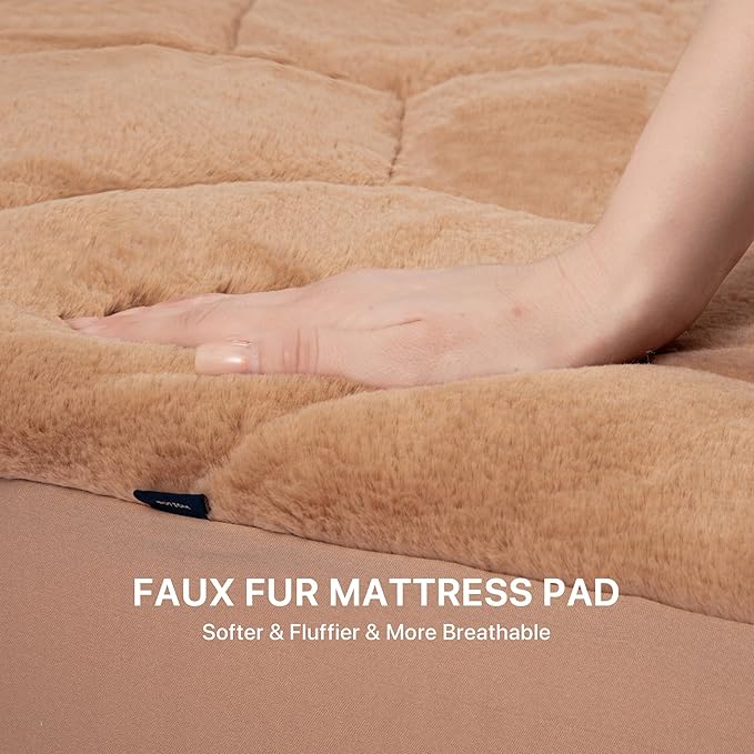 Faux Fur Mattress Pad Quilted Fitted Mattress Cover, Fluffy Warm Soft Breathable Mattress Protector, Mattress Topper with 8-21" Deep Pocket (Khaki, King)