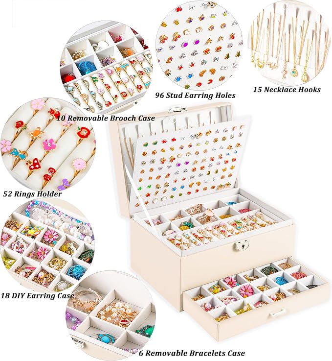 QBestry Earrings Jewelry Box for Girls, 5 Layers Jewelry Organizer with Earring Holder Organizer for Girls Earring Organizer Jewelry Boxes for Women Earrings and Necklaces Jewelry Box Organizer Beige - Image 2