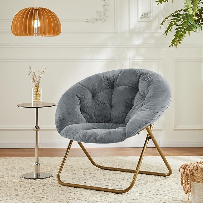 Sweetcrispy Saucer Chairs, Comfy Folding Cozy Faux Fur Living Room Reading Lounge Chair with Soft Thick Padded Seat & Metal Frame Modern Style Bedroom Dorm for Kids Adults, X-Large - Classic Gray