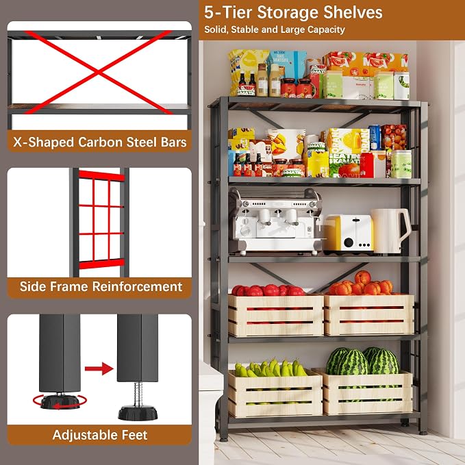 GIOTORENT 5-Tier Kitchen Storage with Wooden Boards, Heavy Duty Storage Shelves & Bookshelf, Adjustable Metal Shelving Unit for Garage Kitchen Bathroom Laundry Organizer, 1500LB Capacity, Black - Image 5