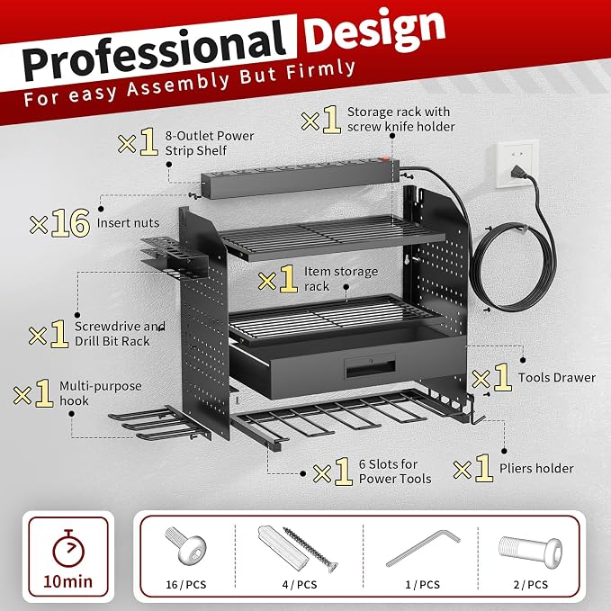 Power Tool Organizer Wall Mount Heavy Duty 130 lbs, 4 Layers Storage Rack with 6 Drill Holders & Battery Storage, Cordless Tool Organizer for Garage, Workshop & Tool Room - Image 6