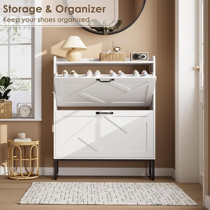 Nicetree Shoe Cabinet with 2 Flip Drawers, Freestanding Shoe Organizer, Shoe Cabinet with Metal Legs, Narrow Shoe Rack Cabinet for Entryway, Foyer, Hallway, White - Image 4