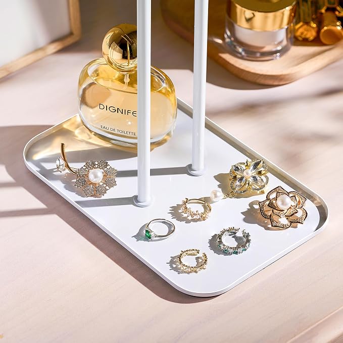 pickpiff Necklace Holder Jewelry Organizer Stand – 2‑Tier T‑Bar Jewelry Display Tree with Tray for Countertop Necklace Bracelet Earring Storage, Vanity Dresser Bathroom Sink, White - Image 3