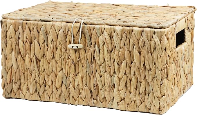 ORDELITE Large Wicker Basket with Lid, Rectangular Water Hyacinth Storage Baskets for Organizing, Woven Basket for Storage, Decorative Boxes Bins with Lids Home Organizer Decor by ORDELITE