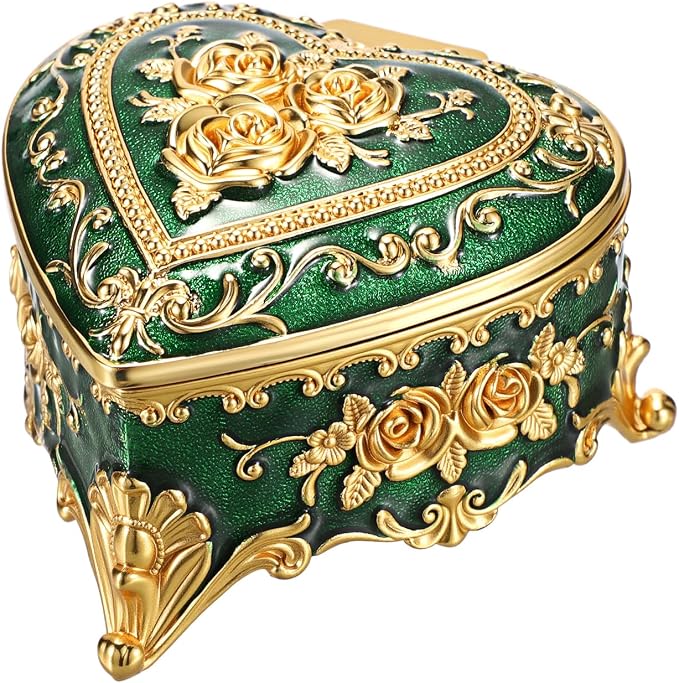 Hipiwe Vintage Jewelry Storage Box Heart Shaped Trinket Box Green Decorative Keepsake Box with Rose Pattern Treasure Organizer Holder for Women - Image 8