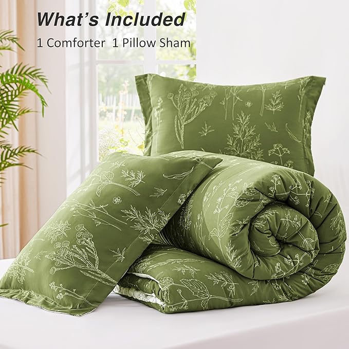 Love's cabin Olive Green Twin Comforter Set - Twin XL Size Comforter Set Dorm Bedding, 2 Pieces Cute Floral Bedding, Soft Reversible Flowers Comforter, 1 Comforter & 1 Pillow Sham