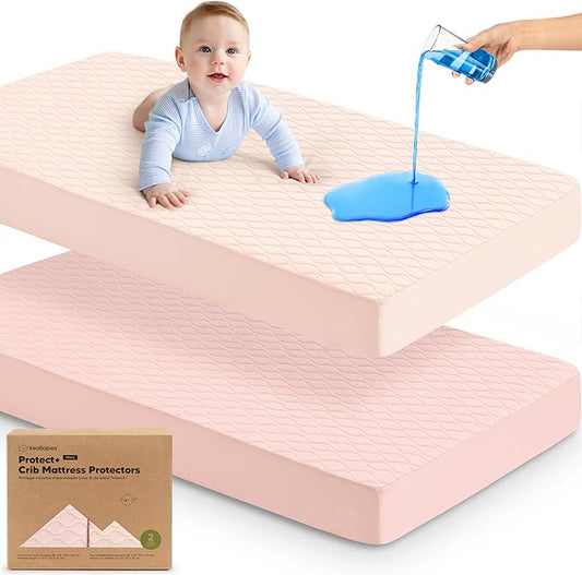 2-Pack Waterproof Crib Mattress Protector Cover Fitted - Quiet Baby Crib Mattress Pad Sheets, 52" x 28" Soft Quilted Cotton Baby Sheet, Machine Washable, Easy Fit, Durable (Mist Rose/Mavy)