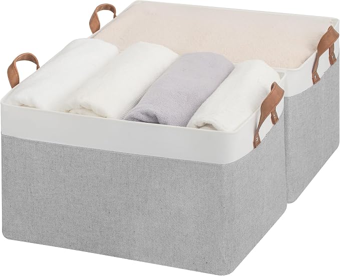 StorageWorks Storage Bins, Fabric Storage Bins for Shelves, Extra Large Storage Baskets with Metal Frame, Closet Baskets and Bins with Handles, Jumbo, Gray and White, 2-Pack by StorageWorks