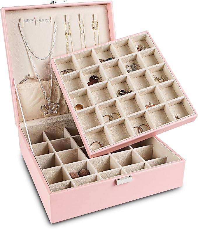 Frebeauty Earring Organizer Classic Jewelry Box 50 Slots Double Layer Jewelry Storage Case with 6 Necklace Hook and Bracelet Pocket(Pink) by Frebeauty