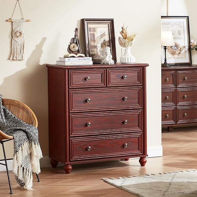 RWYHG Farmhouse 5 Drawer Dresser for Bedroom, 35.5" Tall Small Dressers & Chest of Drawers, Rustic Wood Dresser with Roman Column, Storage Organizer for Living Room, Hallway, Closet (Red Oak)
