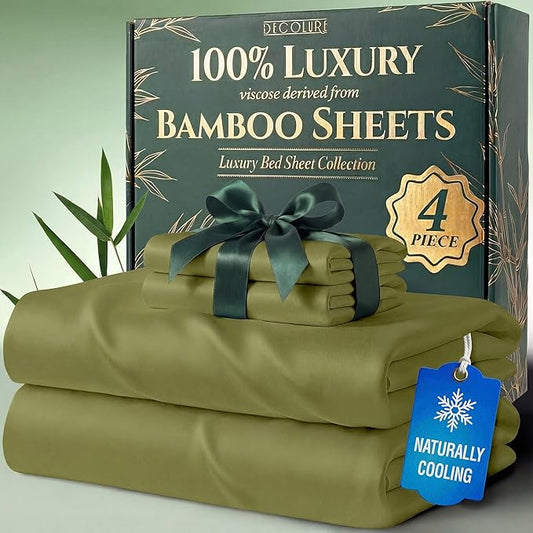 DECOLURE 100% Viscose Derived from Bamboo Sheets Twin Size - Luxury 4 Pc Naturally Cooling Sheets, Ultra Soft Bed Set - Deep 17" Pockets, Durable Double Stitching, Oeko Tex Standard (Light Olive)