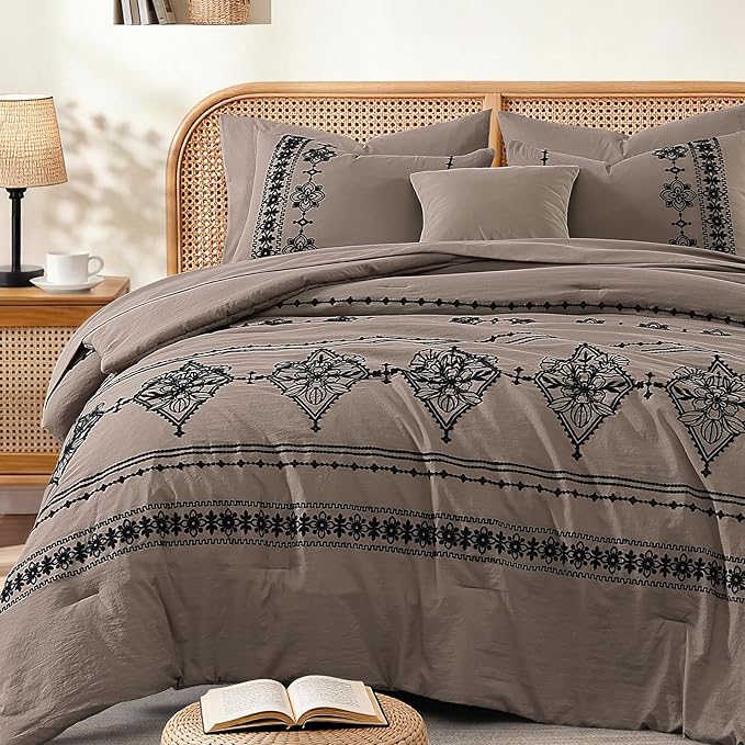 MaiRêve Queen Size Comforter Set Taupe Grey, Embroidery Floral Western Boho Bedding Set, All Season 7 Pieces Bed in a Bag with Sheets, Pillowcases & Shams