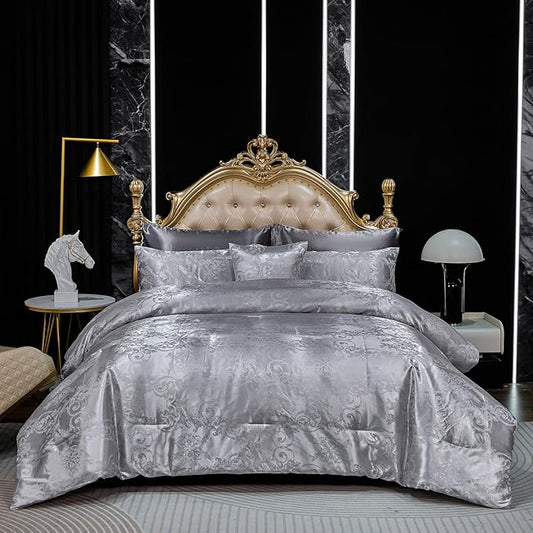 Grey Comforter King Jacquard Bedding with Grey Satin Sheet Set Royal Embroidery Neoclassical Floral Home Decor Soft Luxury Hotel Bed in a Bag 8 Pcs Include 1 Cushion Cover