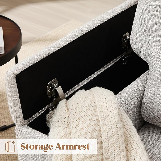 Accent Chairs Set of 2 with Armrest Storage, Modern Upholstered Reading Living Room Chair, Comfy Large Armchairs, Fabric Single Sofa Chair for Bedroom (Beige)