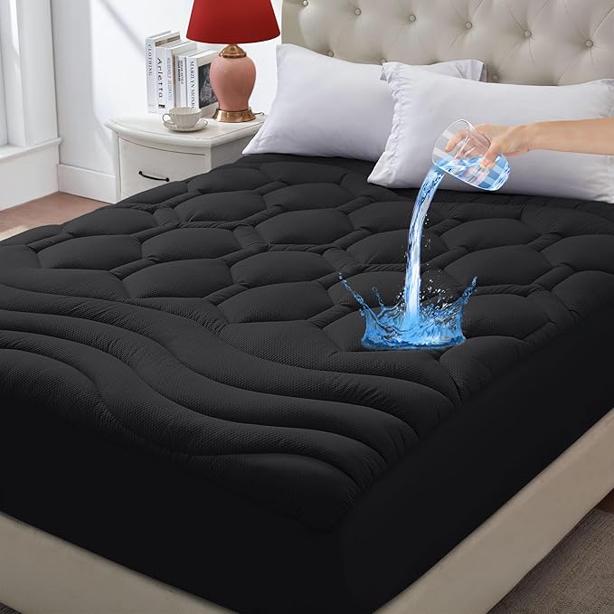 King Size Mattress Pad Waterproof, Cooling Mattress Topper Noiseless, Leak Proof Mattress Protector Deep Pocket Washable, Quilted Fitted Soft King Mattress Pad Cover (78x80 inch, Black)