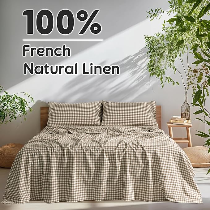 SONORO KATE 100% French Pure Linen Sheets, Breathable and Durable Linen Queen Size Sheets, Anti-Tear Linen Bed Sheets, Machine Washable, 16 Inch Deep Pocket - 4 Piece (Brown & White Plaid)