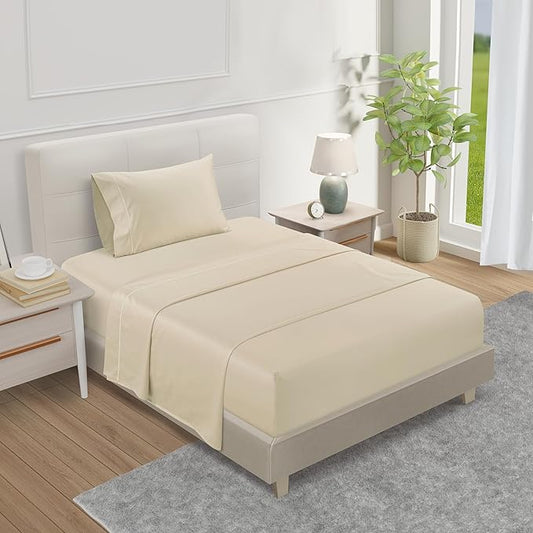 Twin XL 100% Cotton Sheets For Twin Bed, 800TC Sateen Weave 3PC Fully Elasticated Fitted Sheet & Pillowcase Sets, 15-inch Deep Pocket Sheets Machine Washable, Naturally Cool & Breathable - Ivory