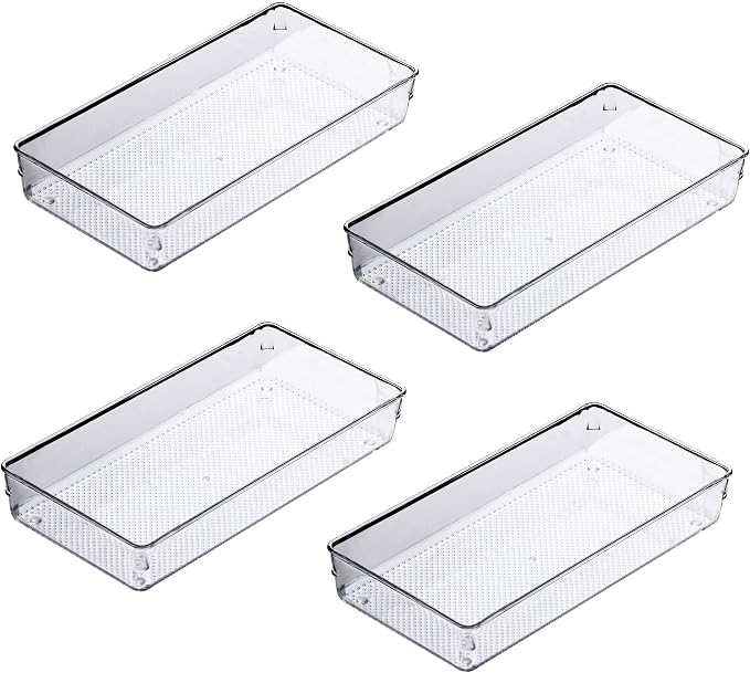 4Pack Large Size Clear Plastic Desk Drawer Dividers Drawer Organizer Wide Tray for Makeup,Kitchen Utensils,Jewelries and Gadgets 12’’x6’’ by YFEEN