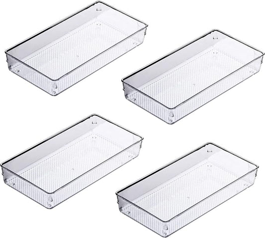 4Pack Large Size Clear Plastic Desk Drawer Dividers Drawer Organizer Wide Tray for Makeup,Kitchen Utensils,Jewelries and Gadgets 12’’x6’’ by YFEEN