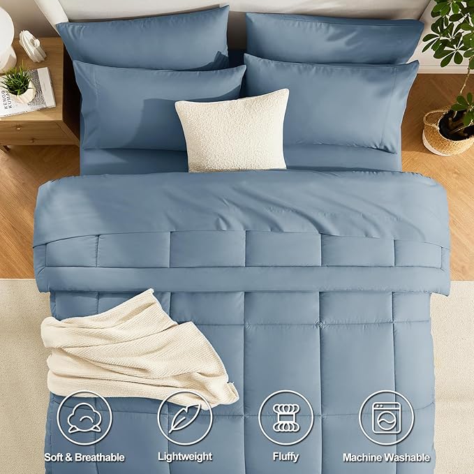 CozyLux Queen Comforter Set Mineral Blue, 7 Pieces Bed in a Bag, Blue Comforters Queen Size, All Season Bedding Sets with Stitch Quilted Comforter, Flat Sheet, Fitted Sheet, Pillowcases