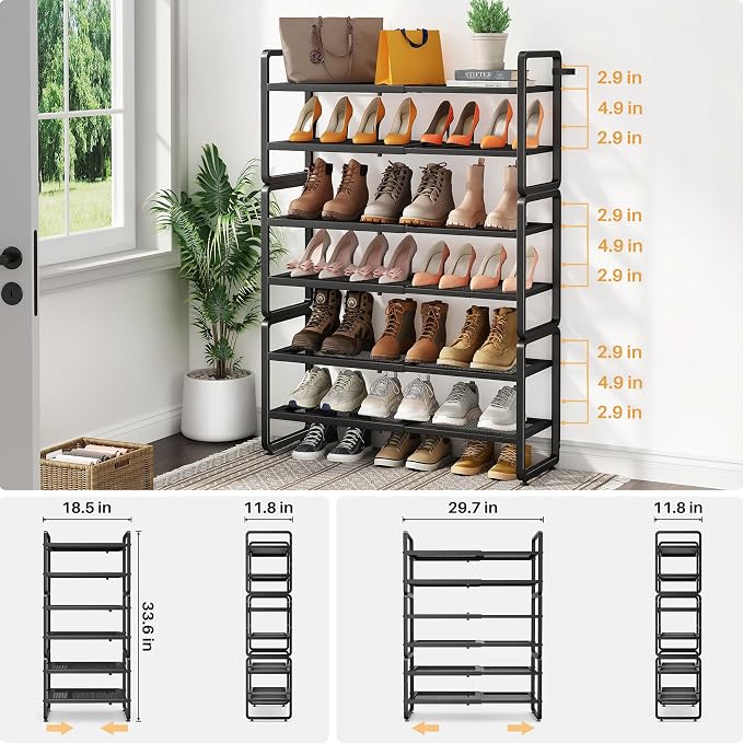 SNTD Shoe Rack - Expandable Shoe Organizer for Closet, Adjustable Metal Shoe Shelf Storage, Stackable Long Shoe Stand Holder for Garage, Entryway, Door Entrance (Black, 6-Tier) - Image 3