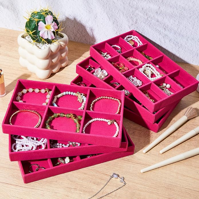Junkin 12 Pcs Jewelry Tray Velvet Stackable Jewelry Organizer Trays Divided Earring Accessories Storage Containers Box (Rose Red) - Image 6
