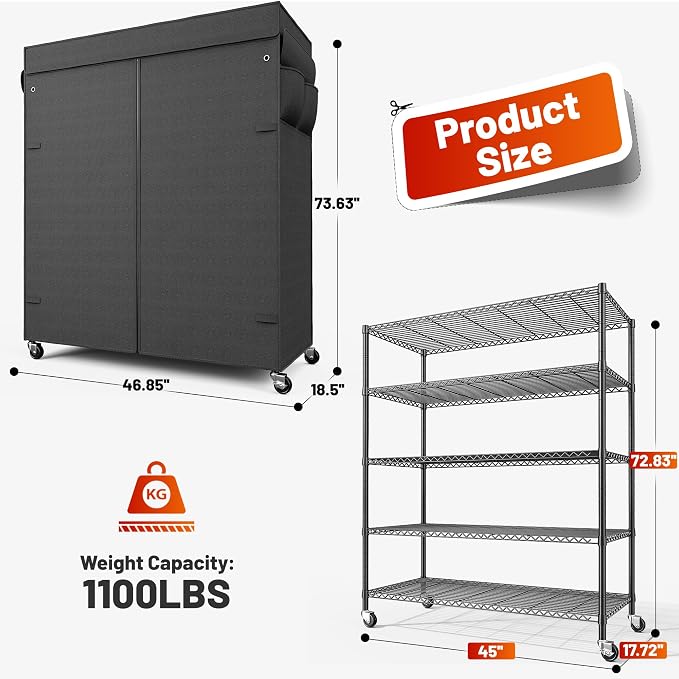 REIBII 45''W Storage Shelves with Cover & Wheels, Metal Shelving Waterproof Dustproof, Wire Shelving Unit Covers, Garage Storage Rack Wire Shelf for Kitchen Pantry, Storage Room, 45Wx17.72Dx72.83H - Image 3