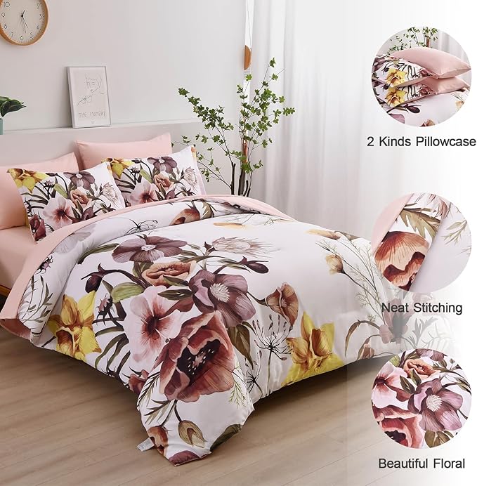 Luxudecor Floral Comforter Set Queen Size 7 Piece, Blush Flower Bed in a Bag, Elegant Floral Comforter with Sheet Set, Soft Microfiber Bedding Set for All Season (Blush, 90"x90")
