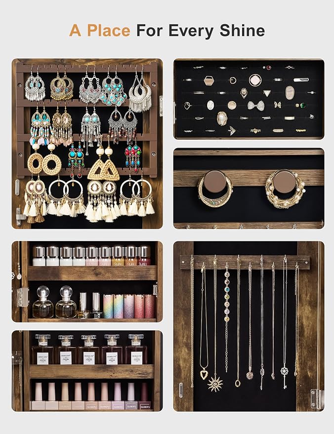 Nicetree Jewelry Cabinet Armoire with 2 Drawers, Lockable Standing Jewelry Mirror Cabinet, Full Length Mirror with Jewelry Storage, Rustic Brown - Image 7