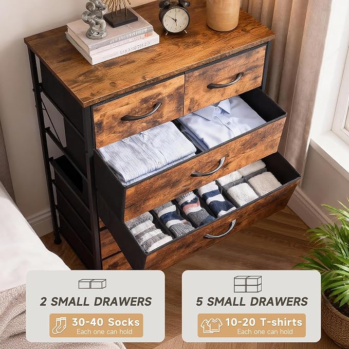 Mifuro Tall Dresser for Bedroom, Vertical Storage Organizer Tower with 7 Drawers, Chest of Drawers with Fabric Bins, Steel Frame, Wood Top for Bedroom, Closet, Entryway- Rustic Brown - Image 5