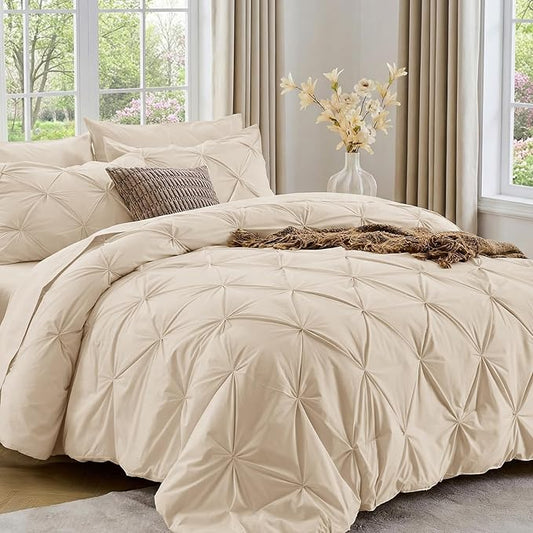 Sasttie California King Comforter Set, 7-Piece Bed in a Bag Cal King, Pintuck Bedding Set for All Season, Includes Comforter, Flat Sheet, Fitted Sheet, Pillowcases and Pillowshams, Warm Beige