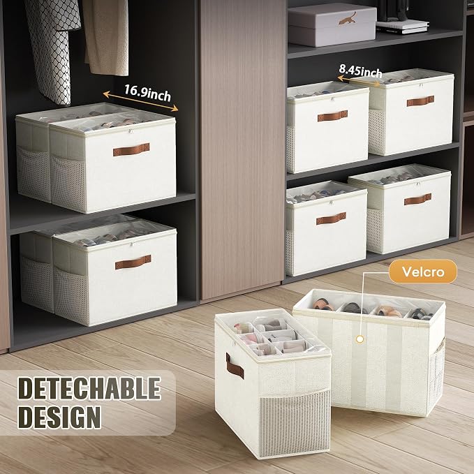 Budding Joy 2 Pack Shoe Organizer for Closet, Clear Foldable Shoe Storage Containers Adjustable Dividers Fits 16 Pairs,Shoe Storage Bins Baskets Boxes with Reinforced Handles Beige - Image 5
