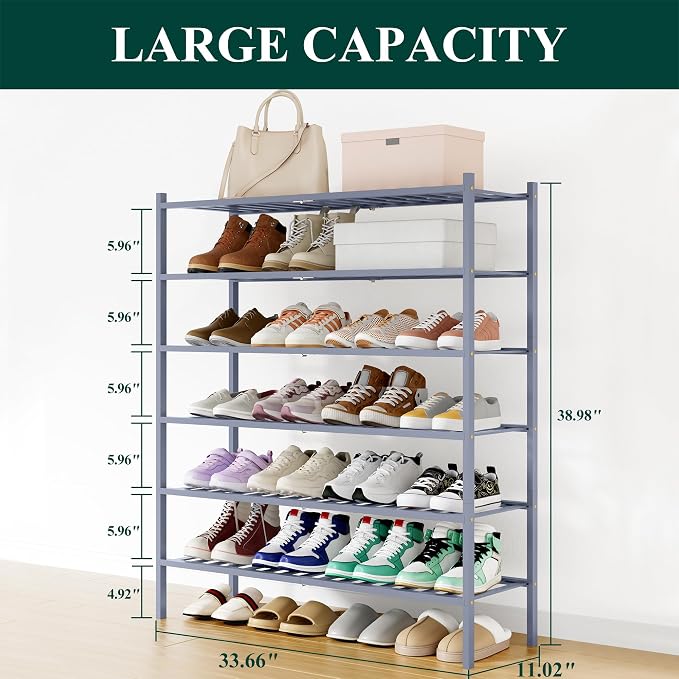 Smiry Shoe Rack, 6 Tier Long Bamboo Shoe Organizer, Stackable Free Standing Wooden Shoe Storage Shelf for Closet, Entryway, Front Door Entrance, Grey - Image 2
