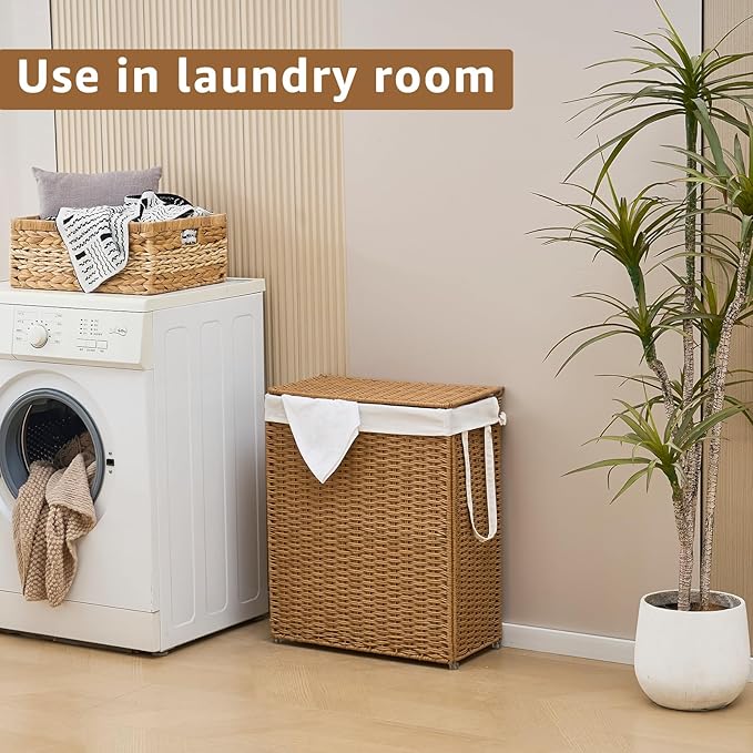 Slim Wicker Laundry Hamper with Lid, 75L Handwoven Rattan Basket with Handles, Narrow Laundry Basket with Removable Liner Bag & 2 Mesh Bags - Image 4